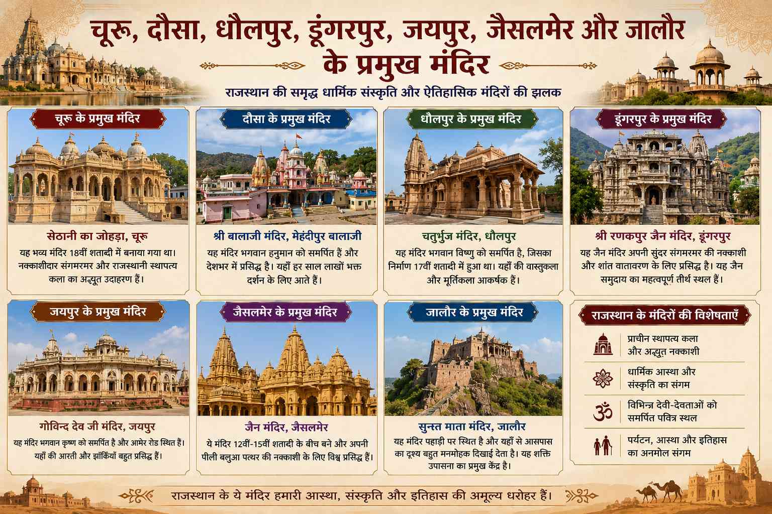चूरू, दौसा, धौलपुर, डूंगरपुर, जयपुर, जैसलमेर और जालौर के प्रमुख मंदिर की अद्भुत यात्रा - NotesMind