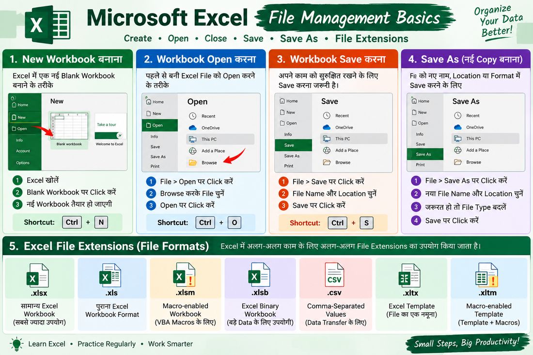 Microsoft Excel में New Workbook, Save, Open और File Extensions - NotesMind