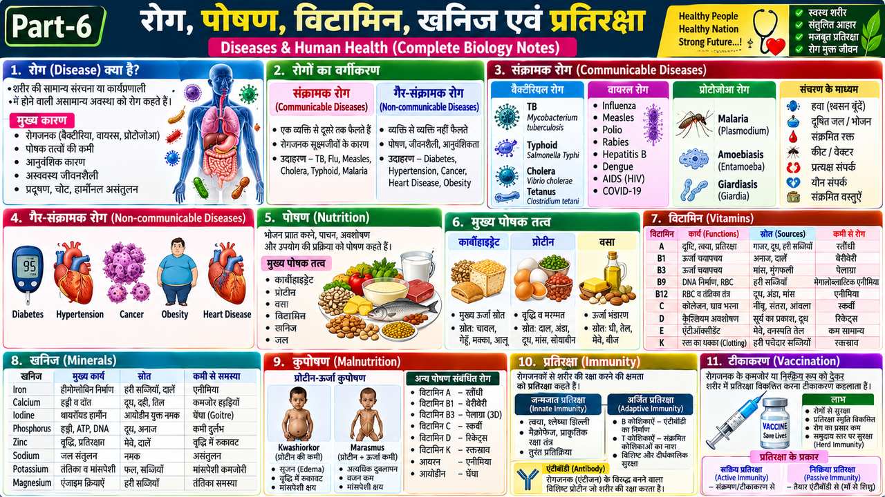 रोग, विटामिन, खनिज, पोषण एवं प्रतिरक्षा | Diseases & Human Health Biology Notes - NotesMind
