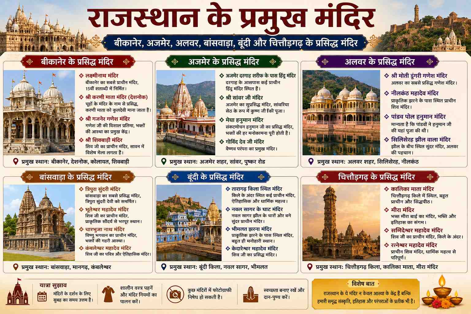 राजस्थान के प्रमुख मंदिर: बीकानेर, अजमेर, अलवर, बांसवाड़ा, बूंदी और चित्तौड़गढ़ के प्रसिद्ध मंदिर - NotesMind